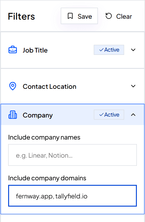 The Company filter open with the Include company domains field highlighted