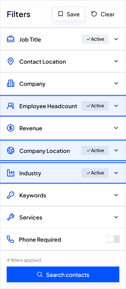 The filter panel with Employee Headcount, Company Location and Industry highlighted