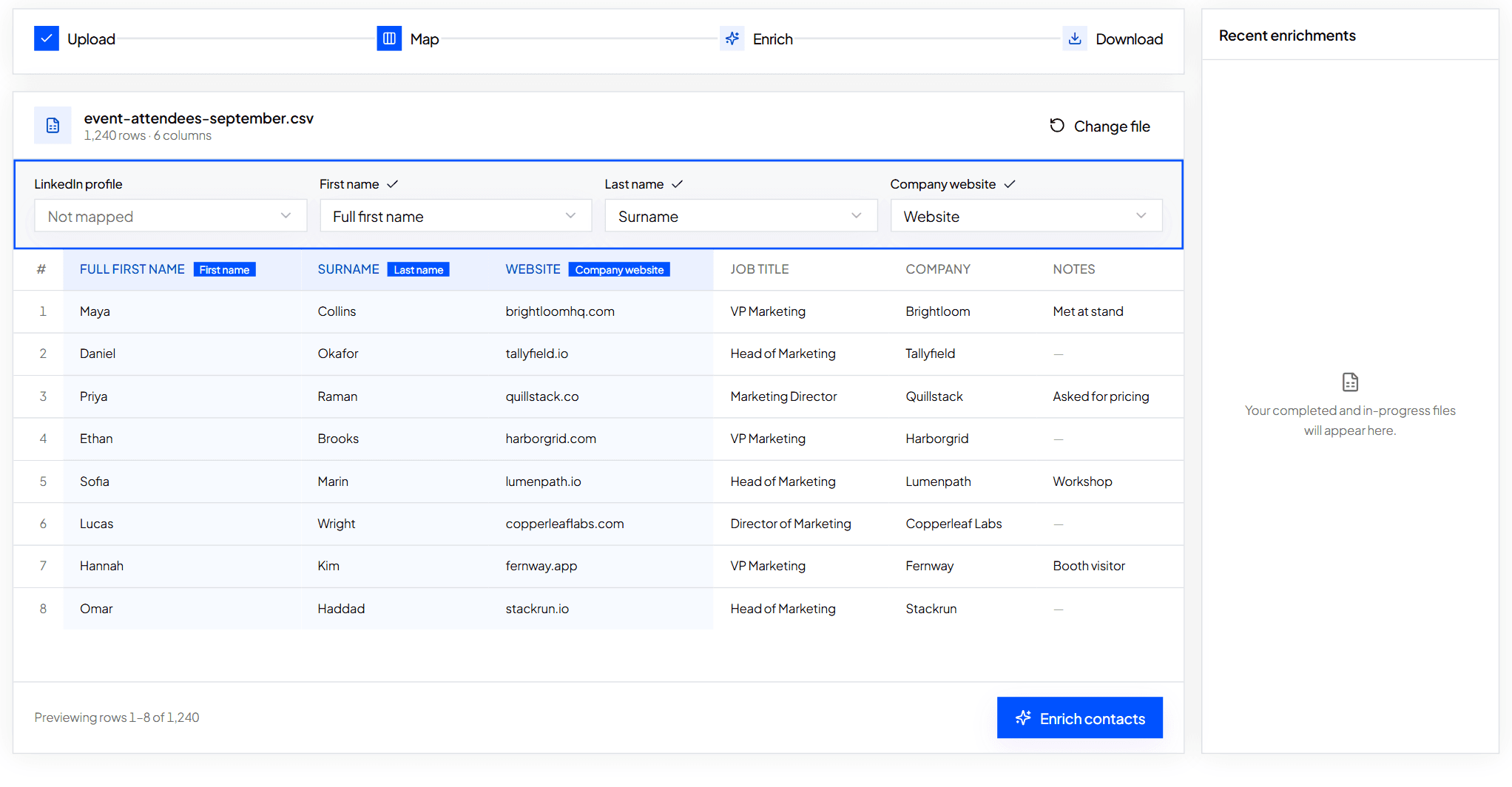 The Enrich Contacts mapping step with the four column selectors highlighted above a preview of the uploaded rows