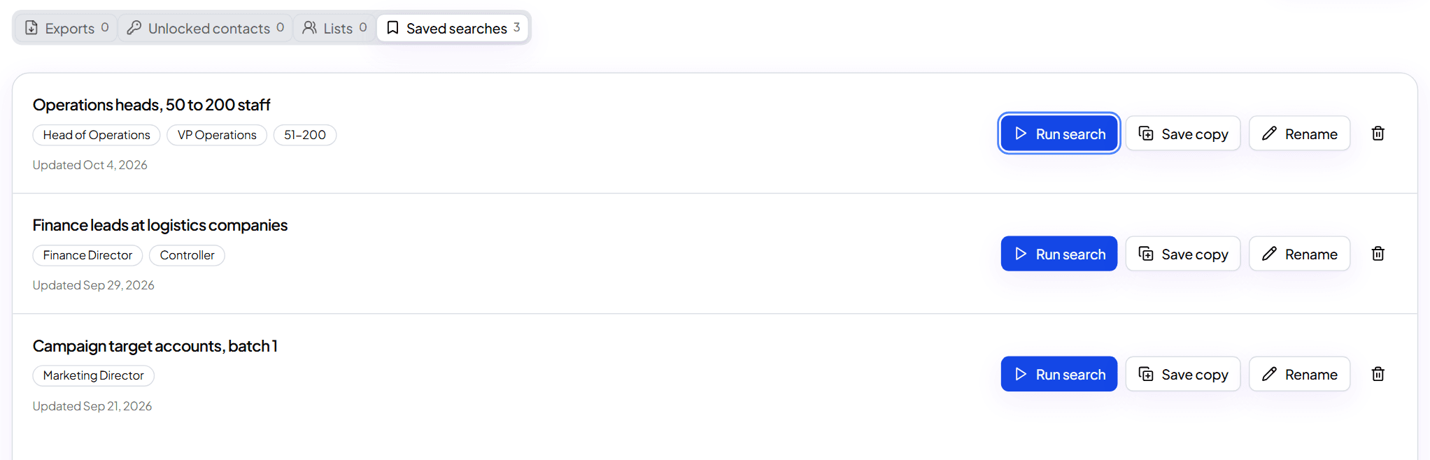 The Saved searches tab with the Run search button highlighted on the first saved search