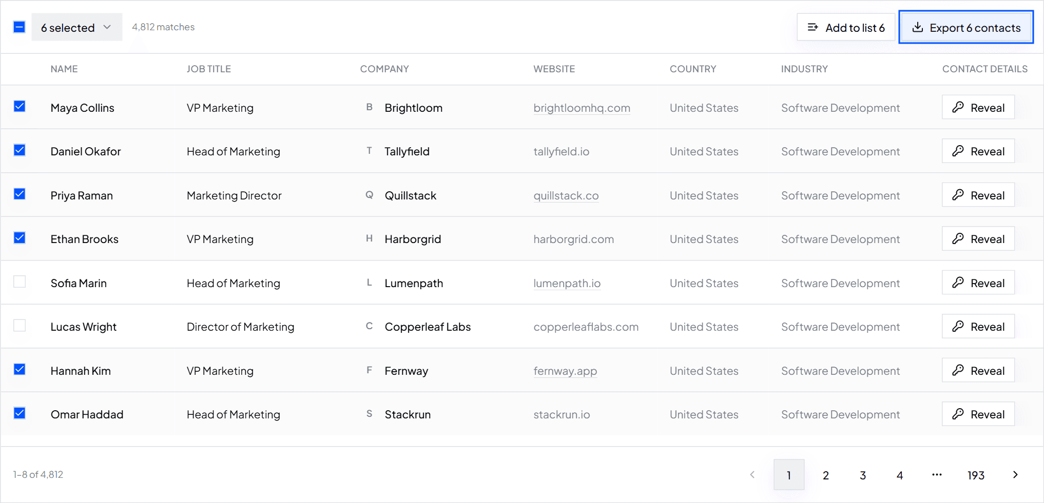 Six contacts ticked and the Export 6 contacts button highlighted