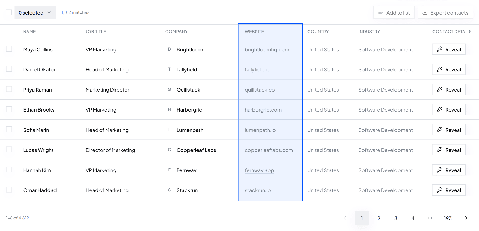 Search results with the Website column highlighted